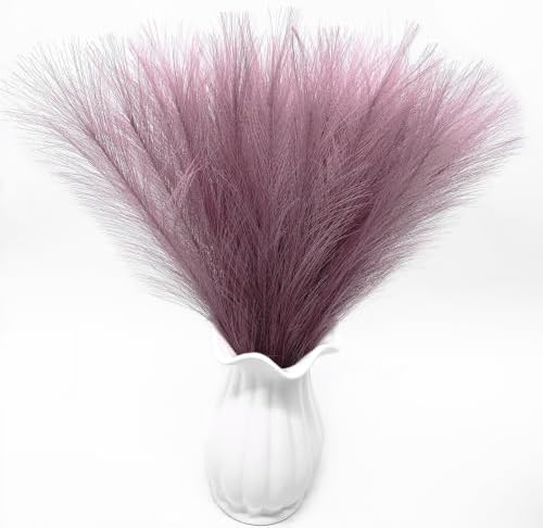 Fake Pampas Grass Set of 30 Stems 17” Artificial Reeds Plants, Faux Florals Bulrush Short Fluffy Beige Branches for Home Wedding Party Decoration Vase Fillers Christmas DIY Feathers Decor Light Purple