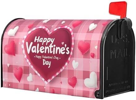 Valentine's Day Plaid Pink Love Mailbox Covers Magnetic White and Pink Love Heart Mailbox Cover Standard Size 18 X 21 Inch Valentines Day Wrap Post Letter Box Decorative for Outdoor Home Garden Yard