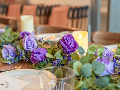 6FT Artificial Eucalyptus Flower Garland with Purple Roses & Baby's Breath