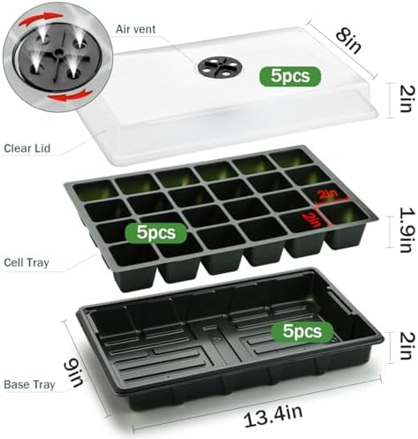 5-Pack Seed Starter Trays with Humidity Dome & Large 24-Cell Plug Trays
