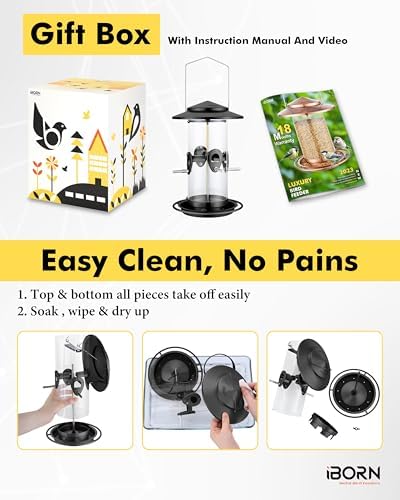 iBorn Metal Bird Feeder for Outside Hanging,Wild Bird Feeders for Cardinal,17.8cm Large Roof&Tray Black 10 Port(Seed is not Included)