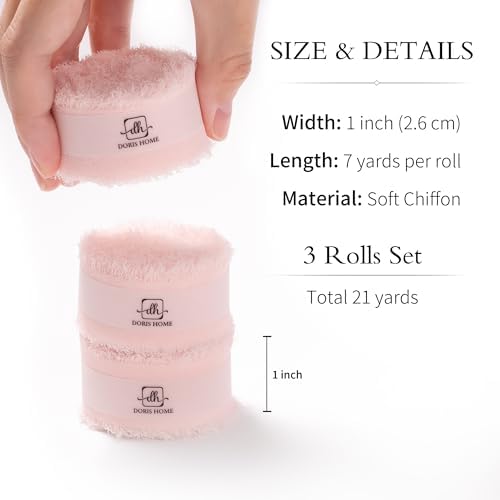 DORIS HOME Handmade Frayed Fringe Chiffon Ribbon 1" x 21Yd Pink
