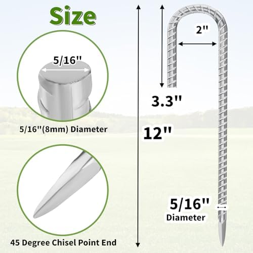 Besitu 12 Inch Ground Stakes Heavy Duty J Hook 60-Pack Metal Spikes Galvanized Ground Hooks Anchors Rebar Ground Stakes for Fence Tent Gazbo Bounce House and Outdoor Decorations Inflatables