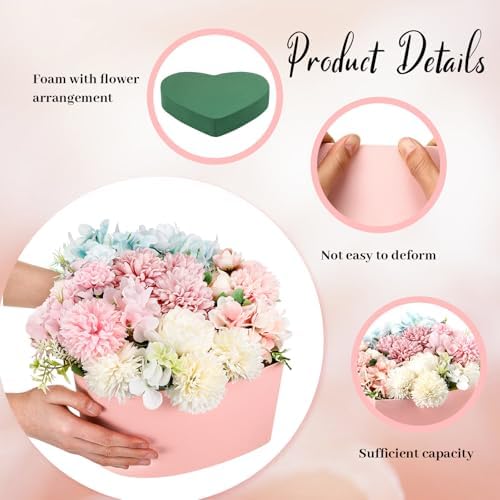 Nuenen Heart Gift Boxes for Her Him with Lid & Floral Foam Set, Grad Flower Gift Box with Clear Cellophane 9.8 x 9 x 5 Inches for Wedding Bridesmaid Birthday(Pink)