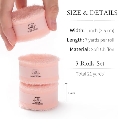DORIS HOME Handmade Frayed Fringe Chiffon Ribbon 1" x 21Yd Blush Pink