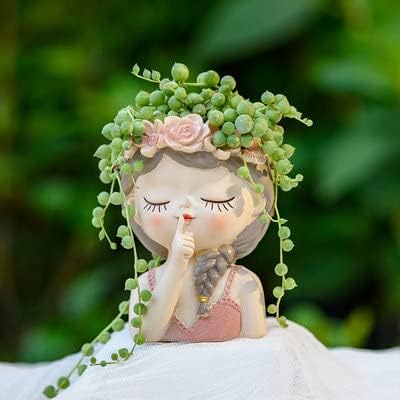 Cute Head Planter Resin Succulent Planter Little Girl Flower Pot, Human Face Cactus Plants Container Bonsai Holder
