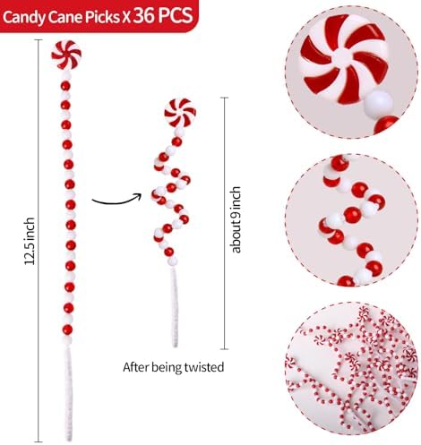 36 Pcs Christmas Tree Picks Candy Cane Christmas Crafts Decorations