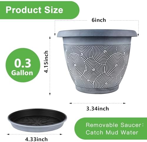 Fodetyff 6 Inch Flower Pots Planters for Indoor Outdoor Plants, 6 Pack Plastic Small Plant Pots with Drainage Hole & Tray, Modern Decorative Garden Pot with Saucer, Plant Container for House