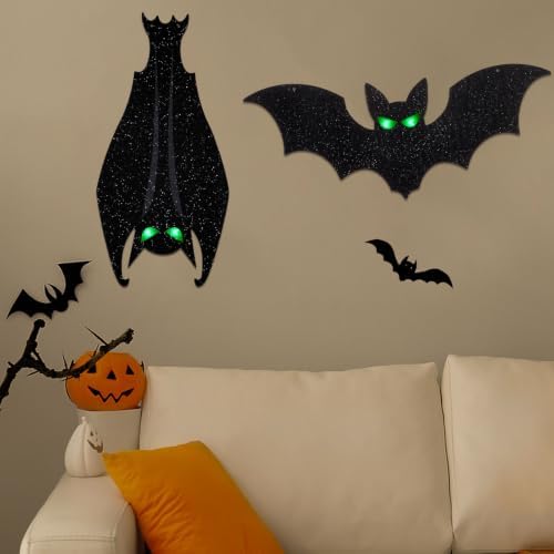 CCINEE 2Pcs Lighted Halloween Hanging Bats, 15in Glitter Black Bat Ornaments with Glowing LED Eyes, Indoor Outdoor Halloween Decor for Yard, Window, Ceiling, Tree, Haunted House Party