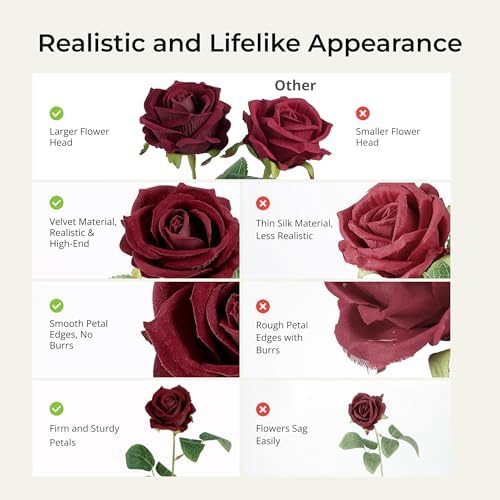 Auihiay 60PCS Burgundy Artificial Roses Bulk, Velvet Silk Fake Roses