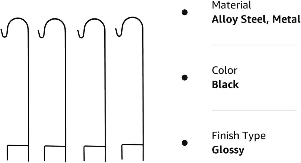 Ashman Shepherd's Hooks 35 Inch (4 Pack), Black, Made of Premium Metal for Hanging SolarLights, Bird Feeders, Mason