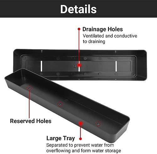 GREANER 3PCS 16x3.8 Inch Window Boxes Planters, Black Rectangle Planters Box with Drainage Holes and Trays, Herb Succulents Flowers Plastic Pot for Windowsill, Garden, Balcony, Indoor, Outdoor Decor