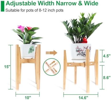 OERGKE Adjustable Plant Stand Indoor, Bamboo Mid Century Modern Plants Stands, Corner Flower Holder for Living Room, Fits 8 to 12 Inches Pots, (Pot & Plant Not Included)(Nature, 1 Pack)