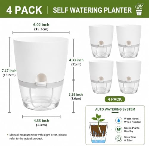 6 Inch Self Watering Planters 4 Pack Plastic Wicking Pots White