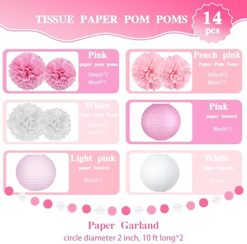 14 Pcs Pink Party Decorations, Paper Pom Poms Lanterns Garland, 8/10 Inch