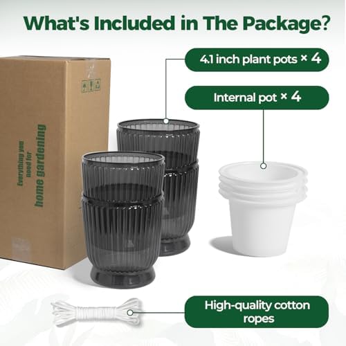 T4U Self Watering Pots for Indoor Plants 4 Inch 4 Pack Planter Gray