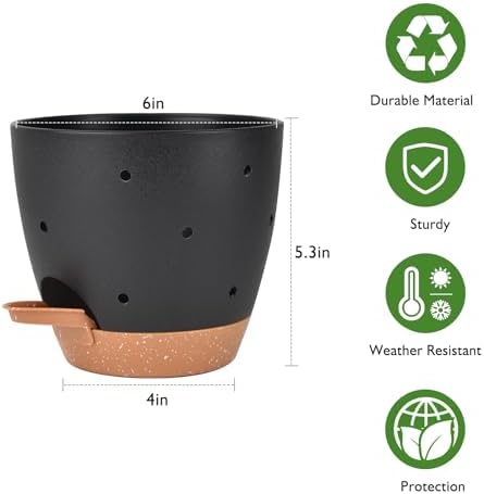 Vanslogreen 6 Inch Orchid Pots with Holes, 2 Pack Self Watering Planters for Orchids Plastic Orchid Pot Plant Flower Pots for Orchids Indoor Outdoor (Black with Brown)
