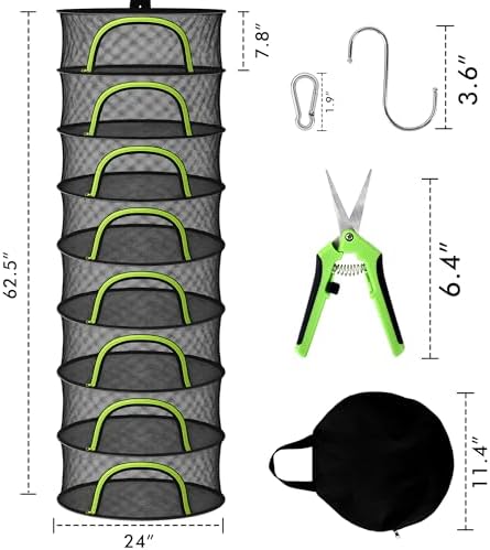 Herb Drying Rack Hanging Mesh 8 Layer 24" with Zipper, Garden Pruning Shear, Hook & Carabiner Clip for Drying Herbs, Plants, Seeds, Buds | Hydroponics & Grow Tents Herb Dryer Hanging Rack