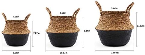 Woven Seagrass Belly Basket for Storage, Laundry, Picnic, Plant Pot Cover, and Grocery and toy storage (Small, Black)