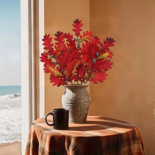 GnFlus 5 Pcs Artificial Fall Oak Leaves Stems 19.6” Fake Autumn Foliage Branches for Home Kitchen Farmhouse Vase Thanksgiving Table Centerpieces Party Halloween Decor Red