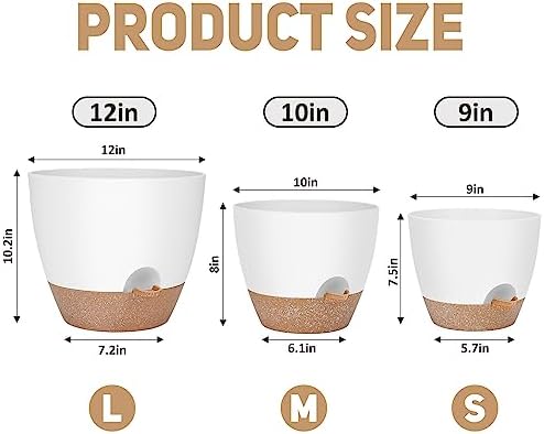 YNNICO 12" 10" 9" Large Self Watering Plant Pots, 3 Pack Flower Pots Planters with Multi Mesh Drainage Holes for Indoor Outdoor Garden Plants and Flowers