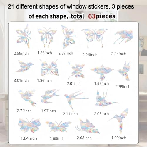 63 PCS Bird Window Strike Prevention Decals, Anti-Collision Window Stickers, Window Clings for Birds, Bird Decals to Prevent Birds from Hitting Windows, Glass Door Bird Safety Stickers