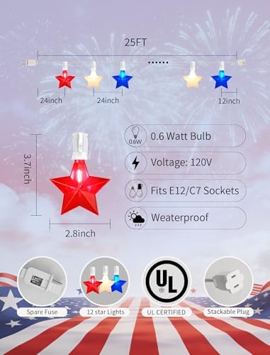 25FT Red White and Blue LED Star Lights