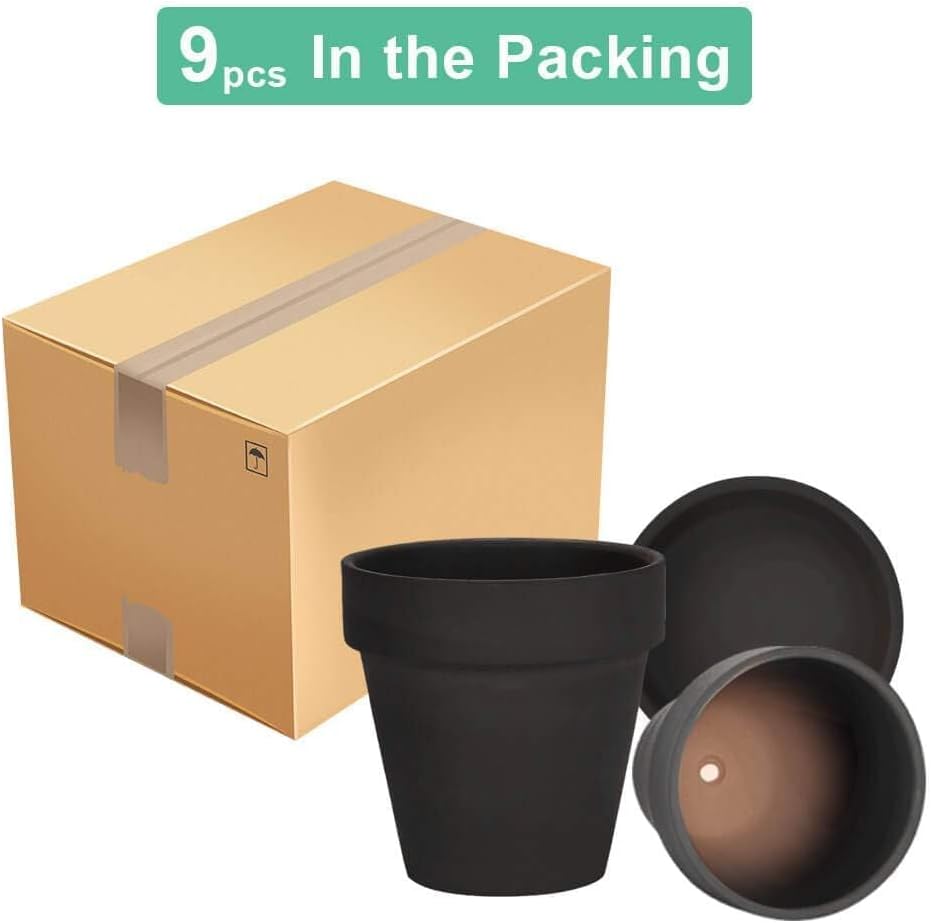 3 Inch Black Terracotta & Clay Pots with Saucer, 12 Pack | Clay Flowerpot with Drainage, Nursery pot for succulents
