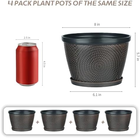 Quarut 4 Pack 8 Inch Flower Pots for Outdoor Indoor, Plastic Plant Pots