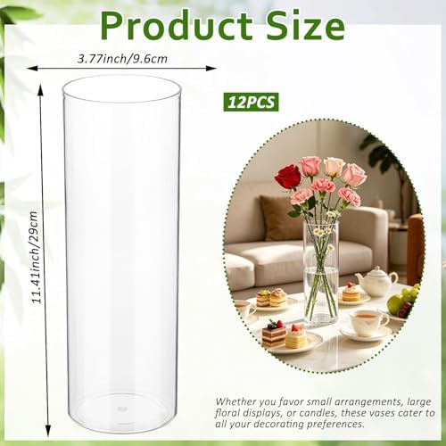 12 PCS Plastic Cylinder Vase 11.5 Inch Cylinder Vase Bulk Clear Flower Container Hurricane Candle Holder Round Wide Container Centerpiece for Home Office Wedding Decor (11.5 Inch)
