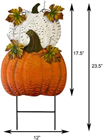 Set of 2 Rustic Metal Stacked Pumpkin Garden Stake Indoor Outdoor Welcome Decoration Hanging Metal Double Pumpkins Yard Signs for Fall Harvest Decor Thanksgiving Halloween Lawn Decoration