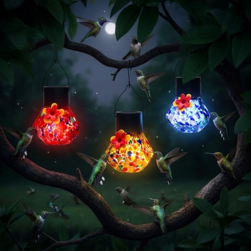 Nuogo 3 Pcs Blown Glass Hummingbird Feeder Gift Solar LED, Color D, Novel