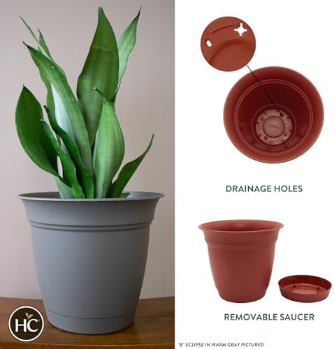 The HC Companies Eclipse Round Planter with Saucer - Outdoor & Indoor Plant Pot with Drainage Holes - Lightweight, UV-Resistant Plastic Pots for Plants, Flowers & Herbs (12" Clay, Pack of 1)