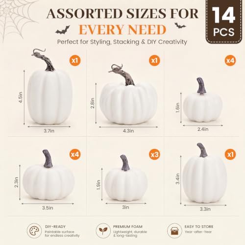 DomeStar 14 PCS White Fake Pumpkins, White Foam Pumpkins Bulk