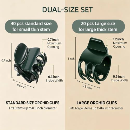 60 Pcs Dual‑Size Orchid Clips, Dark Green Plant Stem Support Clips