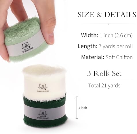 DORIS HOME Handmade Fringe Chiffon Ribbon 1" x 21Yd Green & Cream