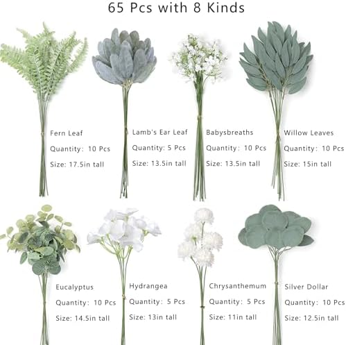 65 Pcs 8 Kinds Artificial Greenery Stems Box Set(Dusty Green & White)