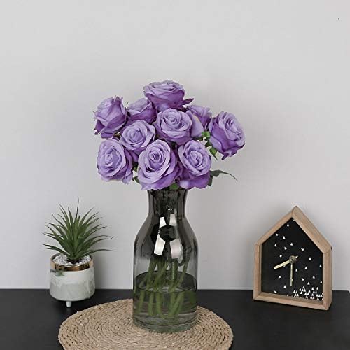10pcs light Purple Roses Artificial Flowers, Realistic Faux Rose with Stem