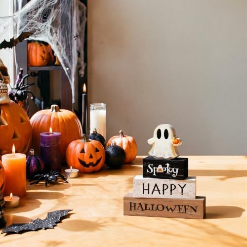 Smile Halloween Wooden Block Decor Set Ghost Pumpkin Spooky Tabletop Signs