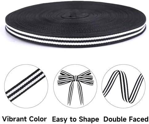 KINGLAKE Black and White Striped Ribbon - 3/8 Inch x 55 Yards
