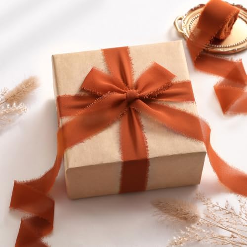 DORIS HOME Handmade Frayed Fringe Chiffon Ribbon 1" x 21Yd Terracotta