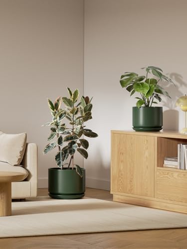LE TAUCI 12 Inch Pots for Plants, Ceramic Planter with Saucer, Forest Green