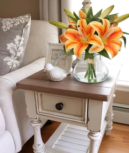 Hollyone Tiger Lily Fall Flowers Artificial for Decoration in Vase Real Touch Orange Autumn Silk Faux Flowers Arrangements with Glass Vase with Fake Water Lily Centerpiece Fall Decorations for Home