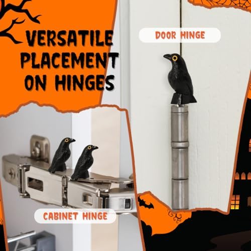 Black Crows Door Hinge Toppers Set of 6 - Spooky Black Raven Miniature Hinge Heads Decorative Topper - Magnetic Decorative Charms for Halloween Home Decor