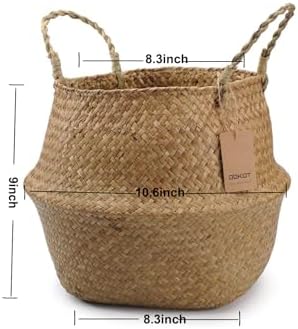 DOKOT Seagrass Plant Basket with Handles, Wicker Woven Storage Basket (8.3inch Diameter x 9inch Height), Natural
