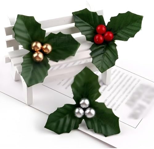 10Pcs Christmas Holly Berries Faux Berry Flowers with Leaves Xmas Berry Picks Christmas Wreath Branches Vase Fillers, Artificial Flowers (Gold)