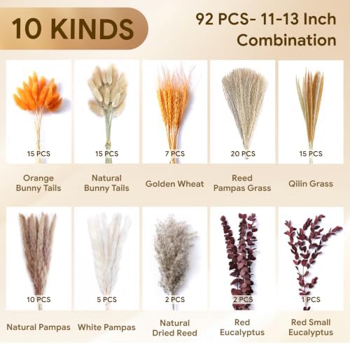 Bpole Fall Dried Flower Bouquet,92Pcs11-13inch Boho Pampas Grass Home Decor