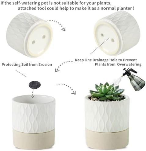 Nihow Ceramic Self Watering Plant Pot for Indoor Plants, 6 Inch,Cream White