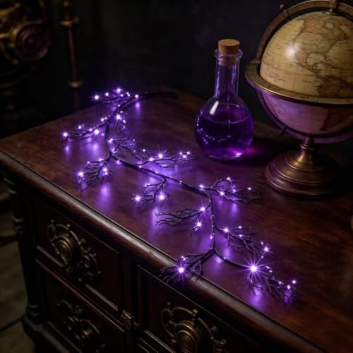 HipTree 6FT Halloween Lighted Black Vine Garland Orange Purple Lights