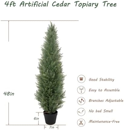 Bellacat 4ft UV Resistant Artificial Topiary Trees Outdoor, 48in Faux Cedar Tree with Full & Realistic Leaves, Fake Cypress Tree for Front Door Proch Patio Deck Balcony Yard Decor 2Pack